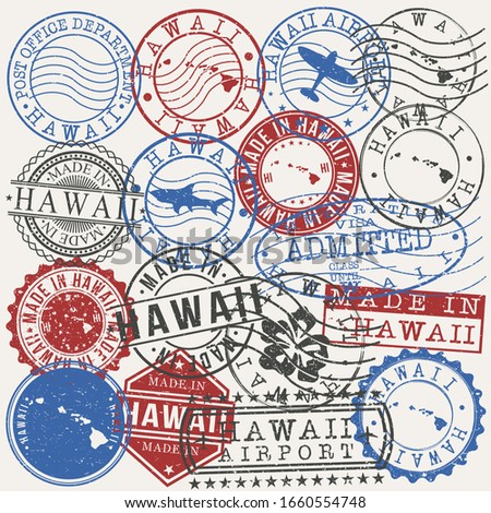 Hawaii, USA Set of Stamps. Travel Passport Stamps. Made In Product. Design Seals in Old Style Insignia. Icon Clip Art Vector Collection.