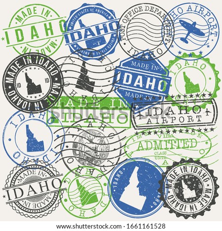Idaho, USA Set of Stamps. Travel Passport Stamps. Made In Product. Design Seals in Old Style Insignia. Icon Clip Art Vector Collection.