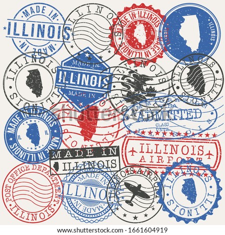 Illinois, USA Set of Stamps. Travel Passport Stamps. Made In Product. Design Seals in Old Style Insignia. Icon Clip Art Vector Collection.