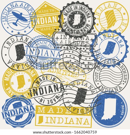 Indiana, USA Set of Stamps. Travel Passport Stamps. Made In Product. Design Seals in Old Style Insignia. Icon Clip Art Vector Collection.