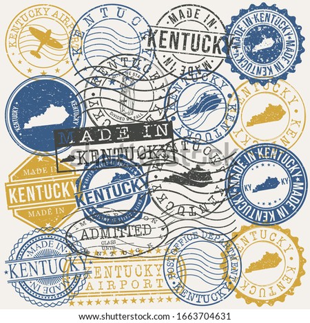 Kentucky, USA Set of Stamps. Travel Passport Stamps. Made In Product. Design Seals in Old Style Insignia. Icon Clip Art Vector Collection.