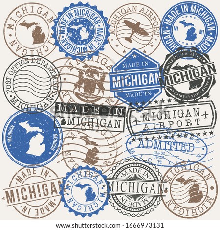 Michigan, USA Set of Stamps. Travel Passport Stamps. Made In Product. Design Seals in Old Style Insignia. Icon Clip Art Vector Collection.