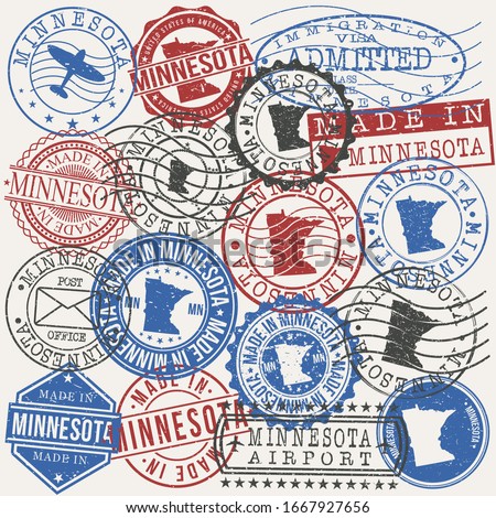 Minnesota, USA Set of Stamps. Travel Passport Stamps. Made In Product. Design Seals in Old Style Insignia. Icon Clip Art Vector Collection.