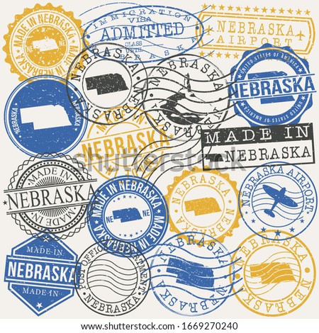 Nebraska, USA Set of Stamps. Travel Passport Stamps. Made In Product. Design Seals in Old Style Insignia. Icon Clip Art Vector Collection.