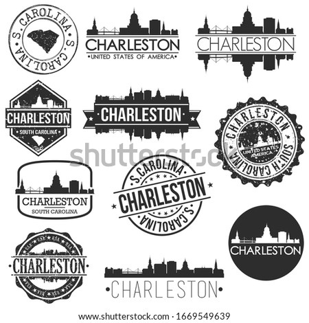 Charleston South Carolina USA. Skyline Vector Art Stamps. Silhouette Emblematic Buildings.