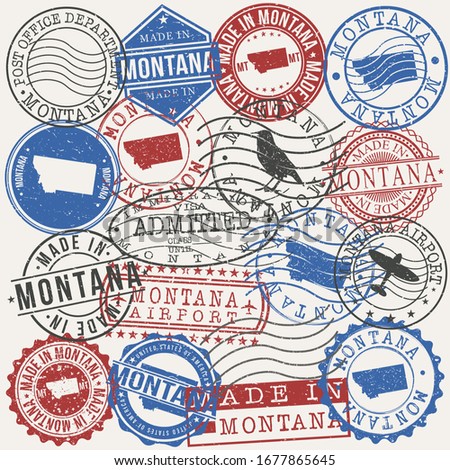 Montana, USA Set of Stamps. Travel Passport Stamps. Made In Product. Design Seals in Old Style Insignia. Icon Clip Art Vector Collection.