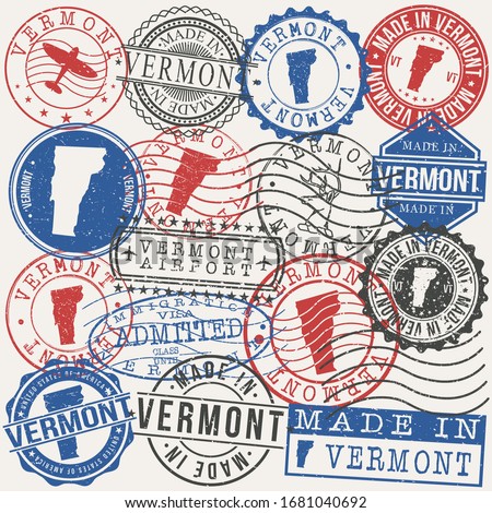 Vermont, USA Set of Stamps. Travel Passport Stamps. Made In Product. Design Seals in Old Style Insignia. Icon Clip Art Vector Collection.