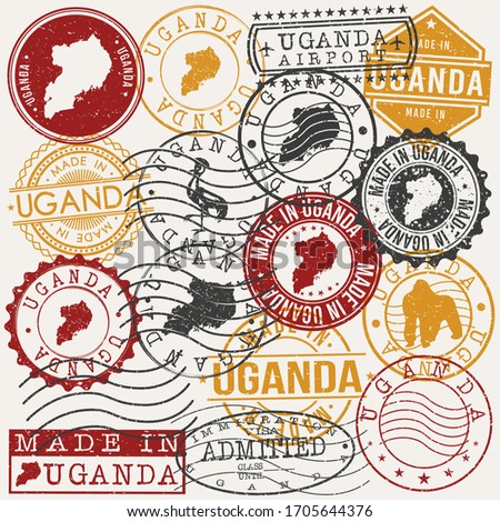 Uganda Set of Stamps. Travel Passport Stamps. Made In Product. Design Seals in Old Style Insignia. Icon Clip Art Vector Collection.