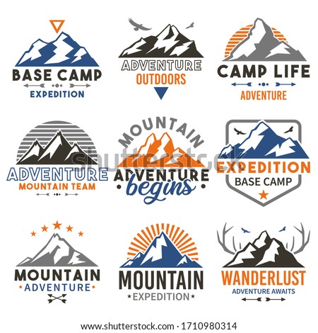 Mountain Adventure badge travel sets. Vector emblem expedition seals. Base camp hill vintage style. Stamp outdoors logo design. 商業照片 © 