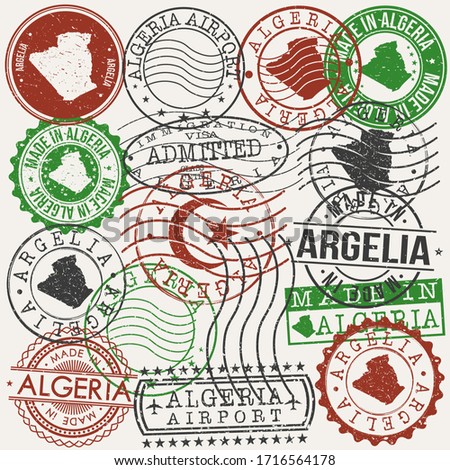 Algeria Set of Stamps. Travel Passport Stamps. Made In Product Design Seals in Old Style Insignia. Icon Clip Art Vector Collection.