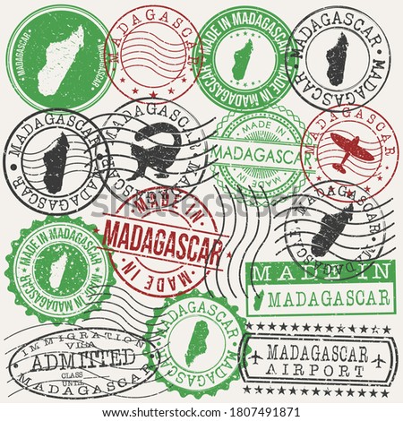 Madagascar Set of Stamps. Travel Passport Stamps. Made In Product Design Seals in Old Style Insignia. Icon Clip Art Vector Collection.