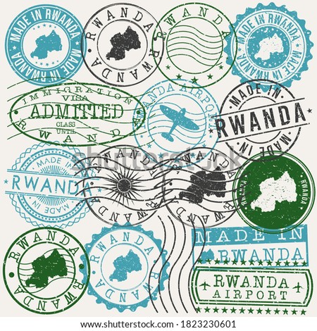 Rwanda Set of Stamps. Travel Passport Stamps. Made In Product Design Seals in Old Style Insignia. Icon Clip Art Vector Collection.