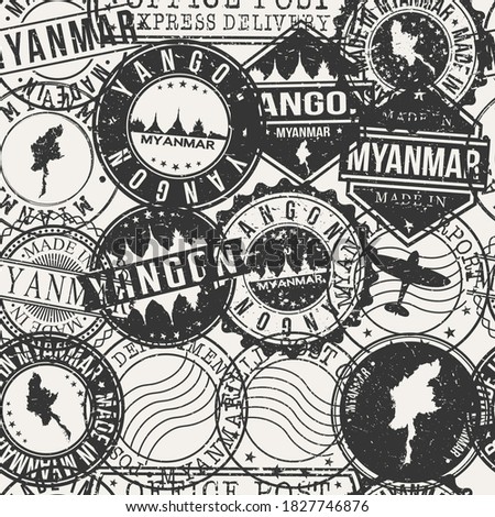 Yangon, Myanmar (Burma) Pattern of Stamps. Travel Passport Stamps. Made In Product. Design Seals in Old Style Insignia Seamless. Icon Clip Art Vector Collection.