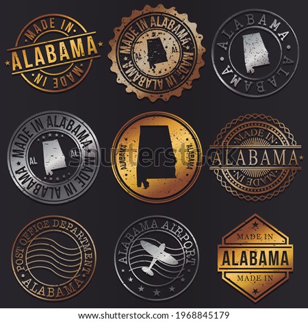 Alabama, USA Business Metal Stamps. Gold Made In Product Seal. National Logo Icon. Symbol Design Insignia Country.