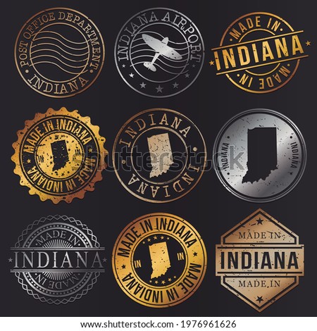 Indiana, USA Business Metal Stamps. Gold Made In Product Seal. National Logo Icon. Symbol Design Insignia Country.