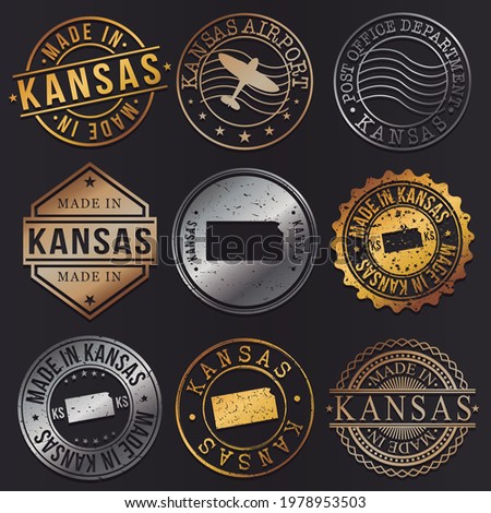 Kansas, USA Business Metal Stamps. Gold Made In Product Seal. National Logo Icon. Symbol Design Insignia Country.