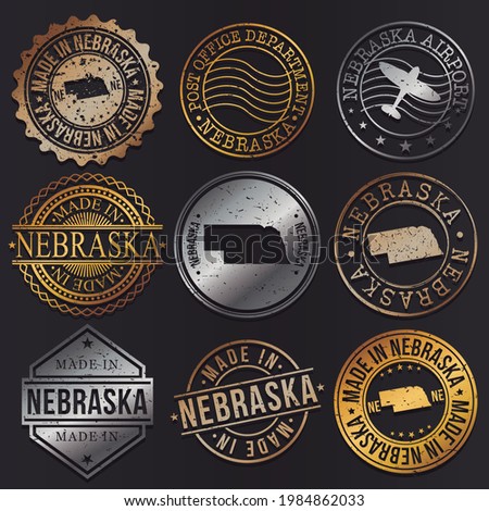 Nebraska, USA Business Metal Stamps. Gold Made In Product Seal. National Logo Icon. Symbol Design Insignia Country.