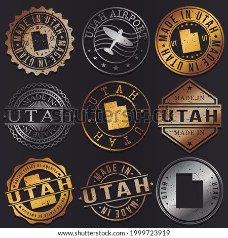 Utah, USA Business Metal Stamps. Gold Made In Product Seal. National Logo Icon. Symbol Design Insignia Country.