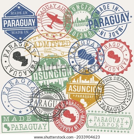 Asunción, Paraguay Set of Stamps. Travel Stamp. Made In Product. Design Seals Old Style Insignia.