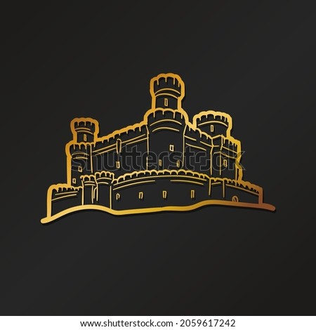 Gold Castle Doodle Illustration. Medieval History Fortress Building. Vector Hand Drawn Graphic.