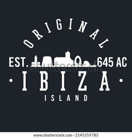 Ibiza, Balearic Islands, Spain Skyline Original. A Logotype Sports College and University Style. Illustration Design Vector City.