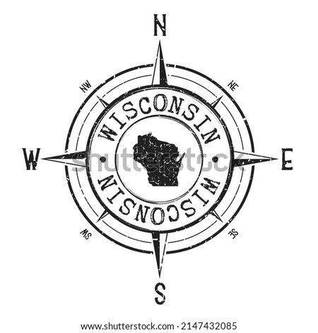 Wisconsin, USA Stamp Map Compass Adventure. Illustration Travel Country Symbol. Seal Expedition Wind Rose Icon.