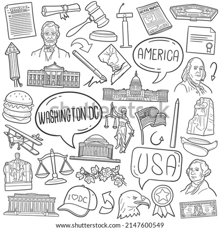 Washington, DC, USA Doodle Icons. Hand Made Line Art. United States Clipart Logotype Symbol Design.