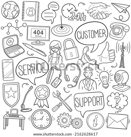 Customer Service Doodle Icons. Hand Made Line Art. Support Clipart Logotype Symbol Design.