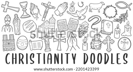 Christian Doodle Banner Icon. Catholic Religion Vector Illustration Hand Drawn Art. Line Symbols Sketch Background. 商業照片 © 