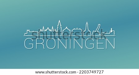 Groningen, Netherlands Skyline Linear Design. Flat City Illustration Minimal Clip Art. Background Gradient Travel Vector Icon.