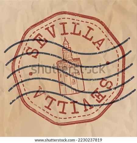 Gold Tower, Marchena, Seville, Spain Stamp City Travel Passport. Design Retro Symbol Country. Old Vintage Postmark.