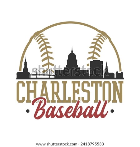 Charleston, SC, USA Baseball Skyline City Silhouette Vector. Softball Design Style Icon Symbols. Sport America Ball.