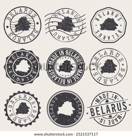 Belarus Set of Stamps. Travel Stamp. Made In Product. Design Seals Old Style Insignia.	