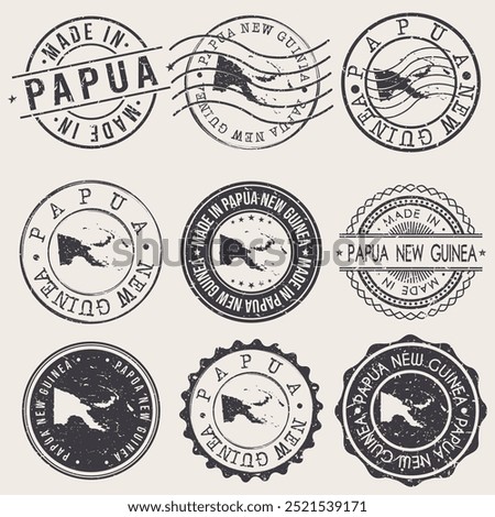 Papua New Guinea Set of Stamps. Travel Stamp. Made In Product. Design Seals Old Style Insignia.	