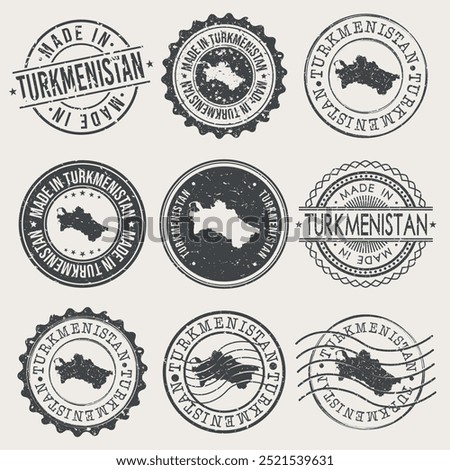 Turkmenistan Set of Stamps. Travel Stamp. Made In Product. Design Seals Old Style Insignia.	