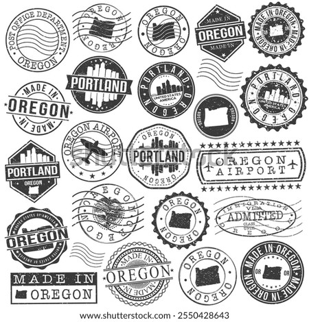 Portland, Oregon Set of Stamps. Travel Stamp. Made In Product. Design Seals Old Style Insignia.