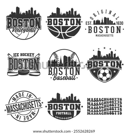 Boston, MA, USA Sport Bundle Vector Art. City Skyline School Team Emblem.