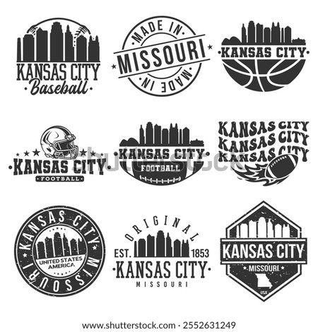 Kansas City, MO, USA Sport Bundle Vector Art. City Skyline School Team Emblem.