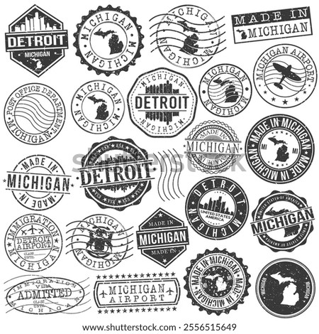 Detroit, MI, USA Set of Stamps. City Travel Marks. Made In Product. Design Seals Old Style Insignia.