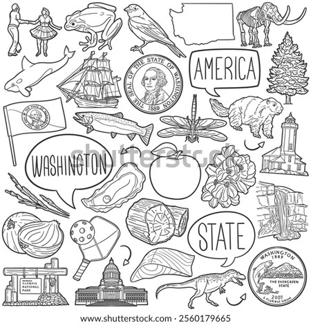 Washington Doodle Icons Black and White Line Art. USA State Clipart Hand Drawn Symbol Design.Illustrator Artwork.