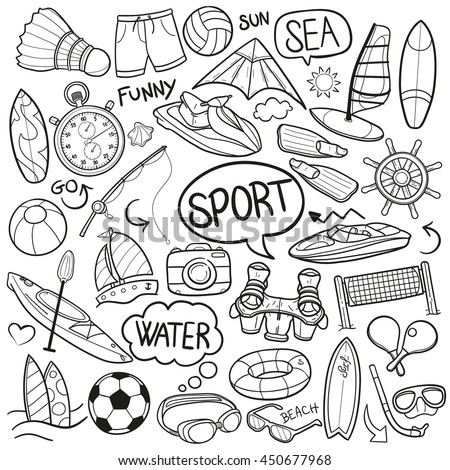 Sea Sport Beach Summer Water Sea Doodle Icons Hand Made vector Illustration sketch.