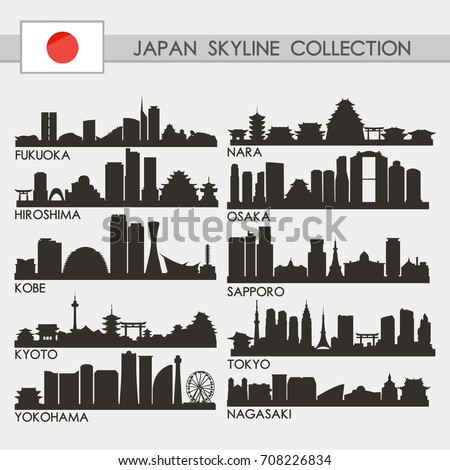 Most Famous Japan Cities Skyline City Silhouette Design Collection