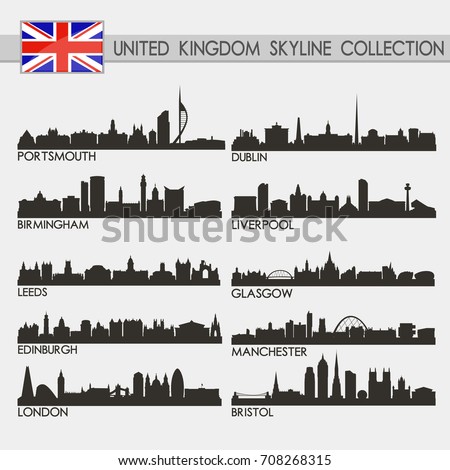 Most Famous UK United Kingdom Cities Skyline City Silhouette Design Collection