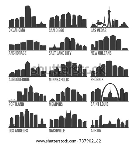 Most Famous USA Cities Skyline City Silhouette Design Collection Set 2