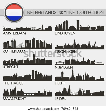 Most Famous Netherlands Cities. Travel Skyline City Silhouette. Design Collection Set.