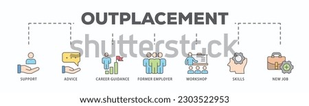 Outplacement banner web icon vector illustration concept with icon of support, advice, career guidance, former employer, workshop, skills, new job, training, and presentation
