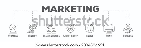 Marketing banner web icon vector illustration concept with icon of strategy, concept, communication, target group, online, print and business
