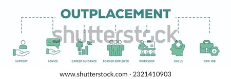 Outplacement banner web icon vector illustration concept with icon of support, advice, career guidance, former employer, workshop, skills, new job, training, and presentation