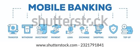 Mobile banking banner web icon vector illustration concept with icon of transfer, withdraw, investment, payment, loan, exchange, shopping, verified and top-up