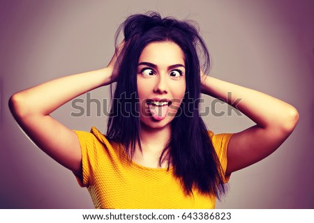 Similar – Image, Stock Photo Funny woman making silly face on street